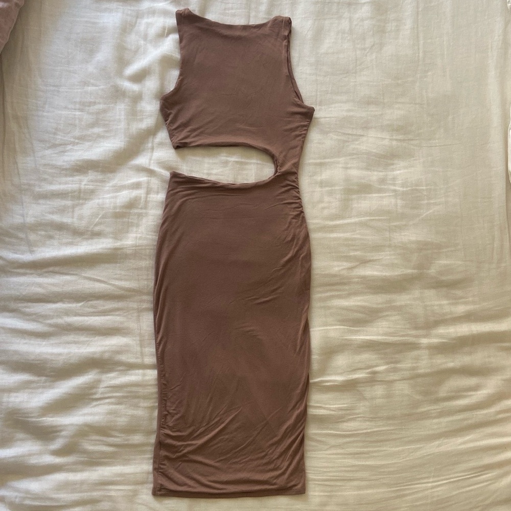 Naked wardrobe body con tan dress with opening at waist